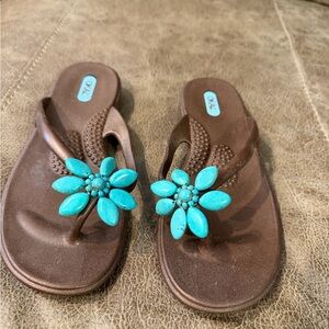 OKA b. Brown Sandals with Turquoise Flower
